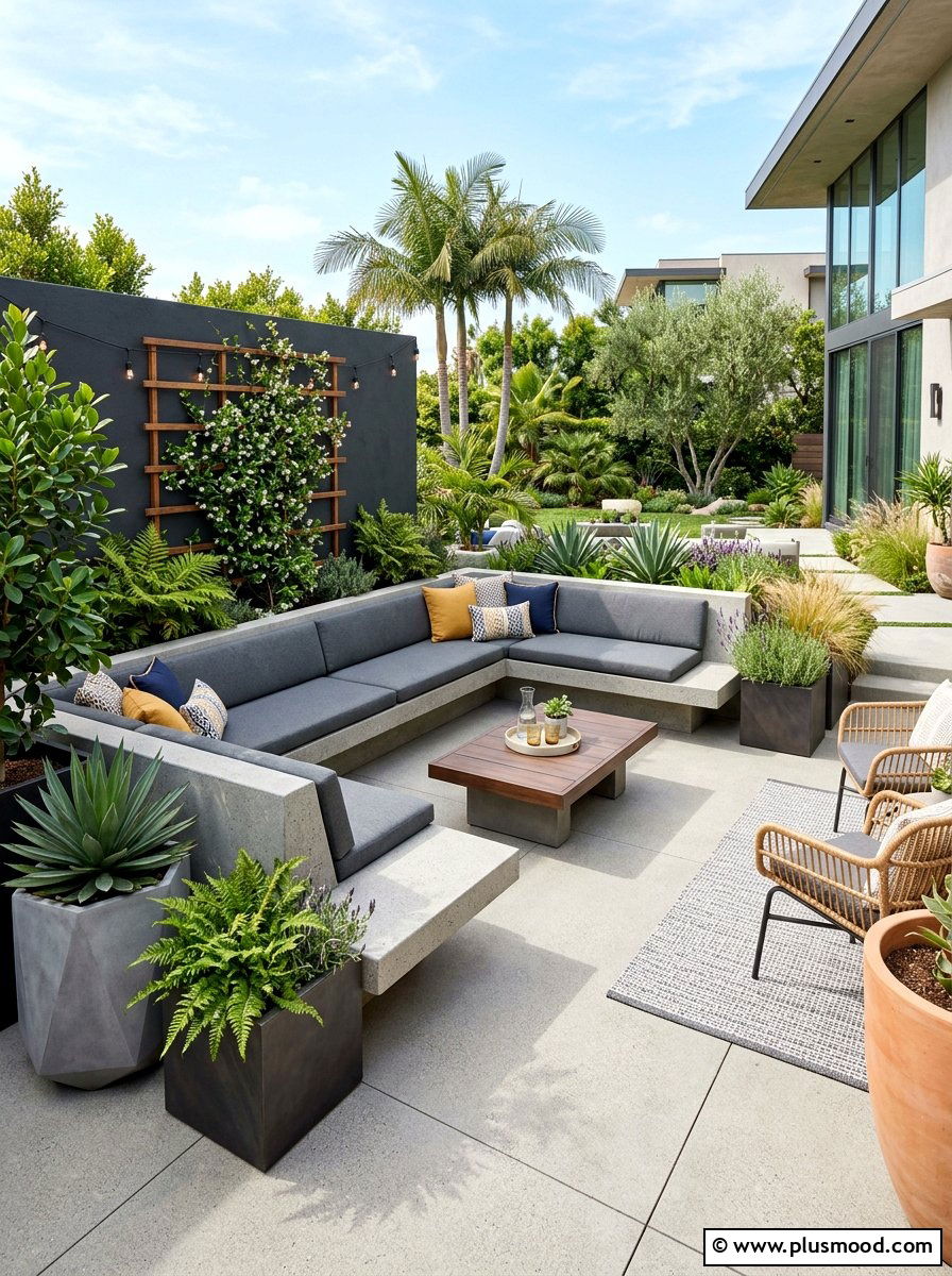Concrete patio with built in seating - 25 summer concrete patio ideas for summer