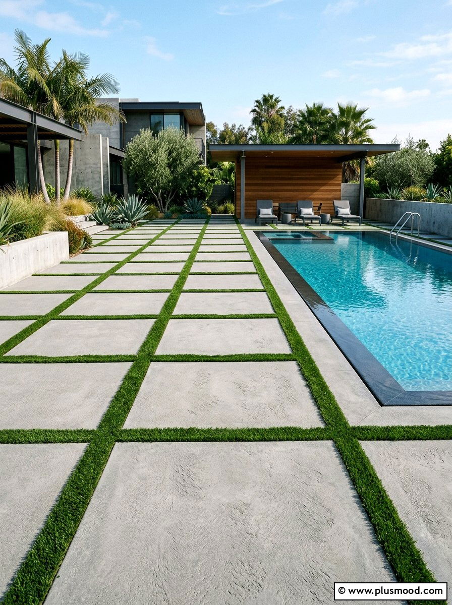 Concrete pavers and turf around pool - 25 pool landscaping ideas with artificial turf
