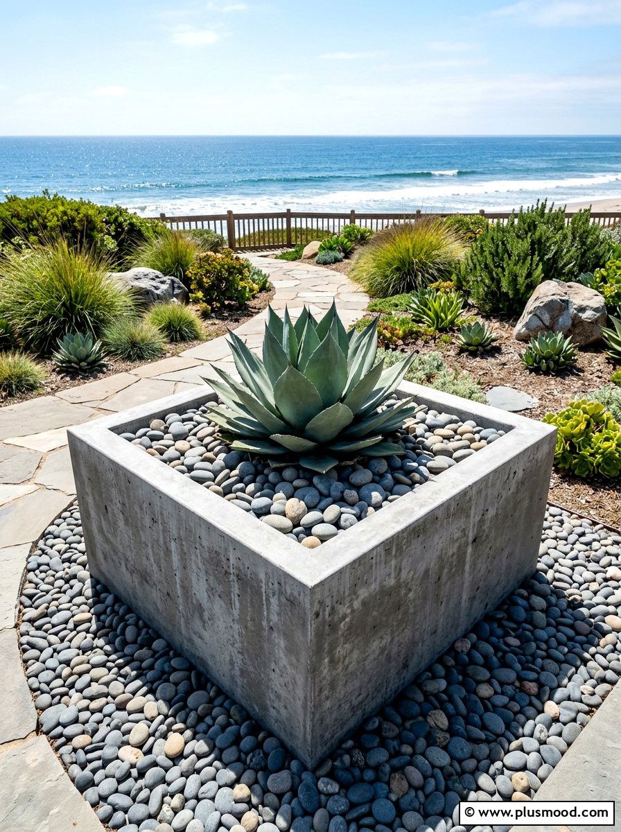 Concrete planter with beach pebbles - 25 summer coastal planter ideas