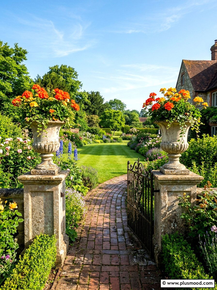 Concrete urns with bright geraniums - 25 summer planters with geraniums ideas