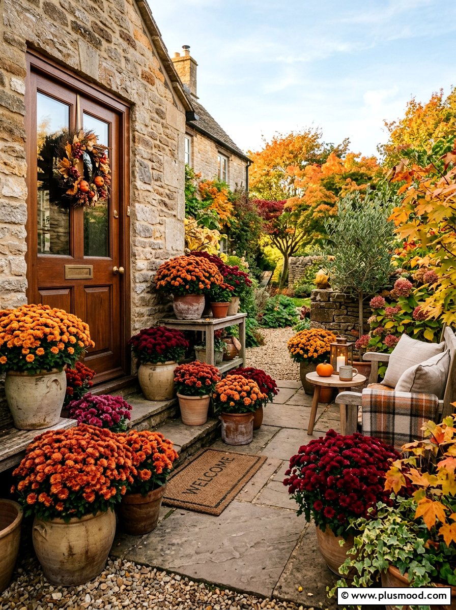 Container garden with mums - 25 late summer patio ideas