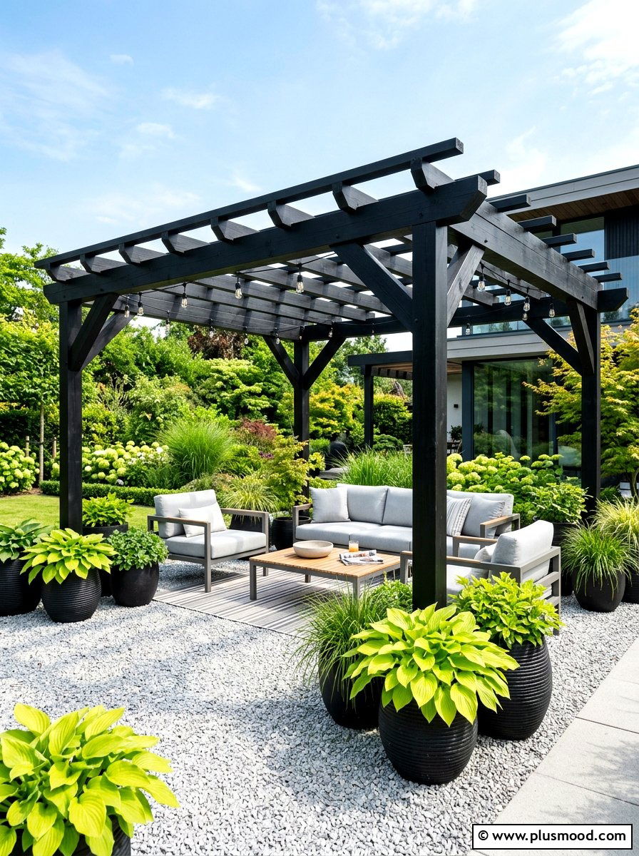Contemporary Black Pergola - 25 small backyard ideas with pergola