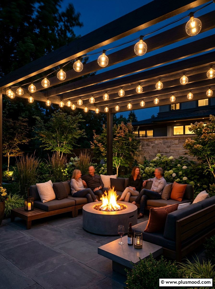 Contemporary Fire Pit Globe Lights - 25 small backyard ideas with pergola lights