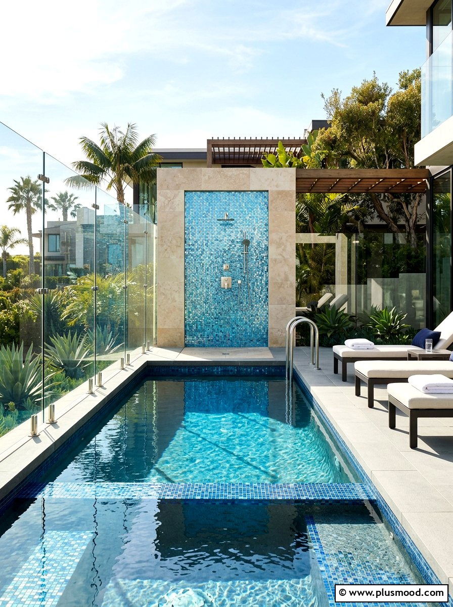 Contemporary Glass Tile Pool With Outdoor Shower - 25 pool landscaping ideas with outdoor shower