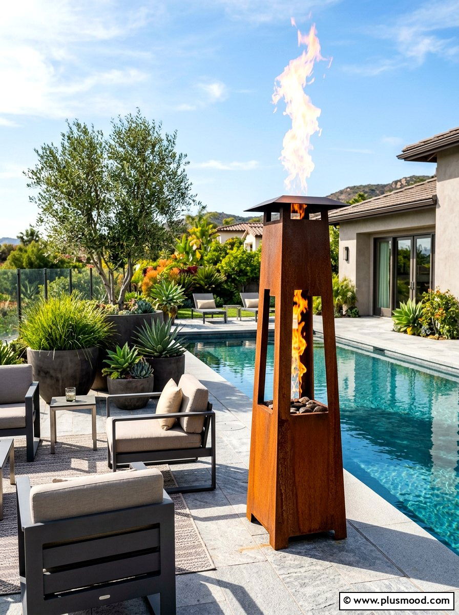 Contemporary Metal Fire Column - 25 summer poolside fire feature ideas