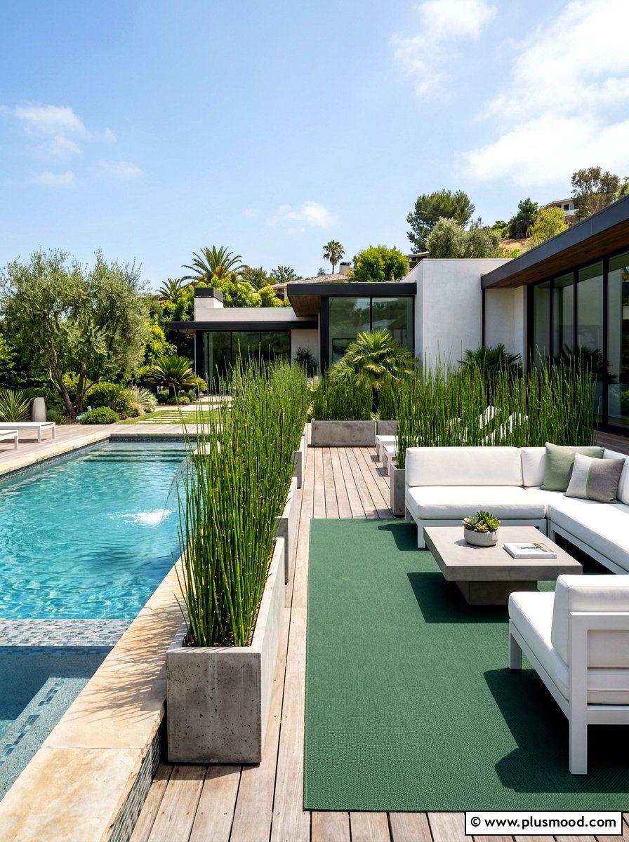 Contemporary Pool Area Greenery - 25 pool landscaping ideas with outdoor rug