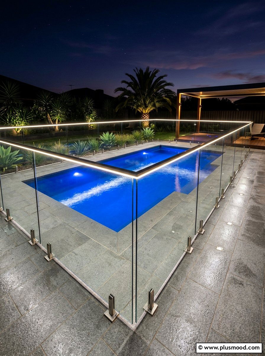 Contemporary Pool Fence With Strip Lighting - 25 pool landscaping ideas with night lighting