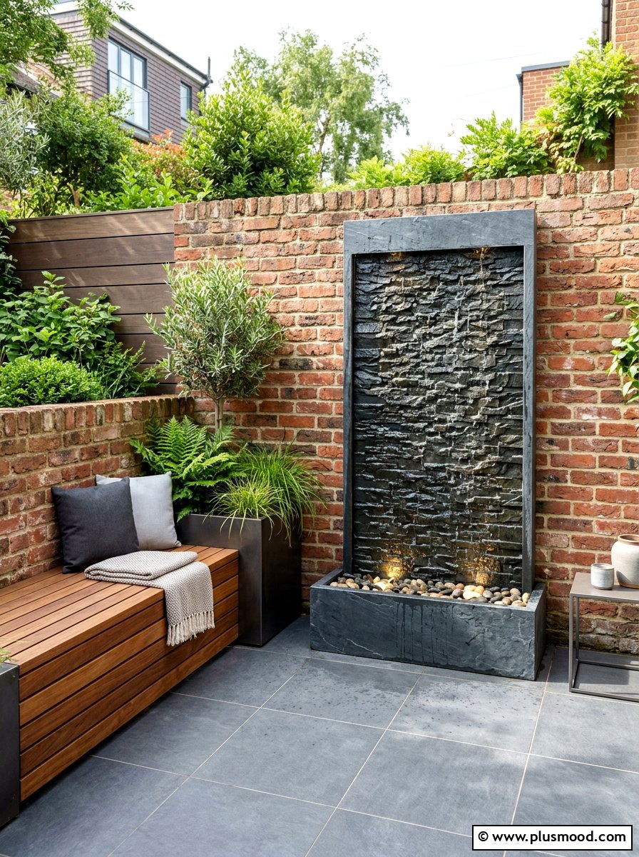Contemporary Wall Fountain Patio - 25 small backyard ideas with fountain