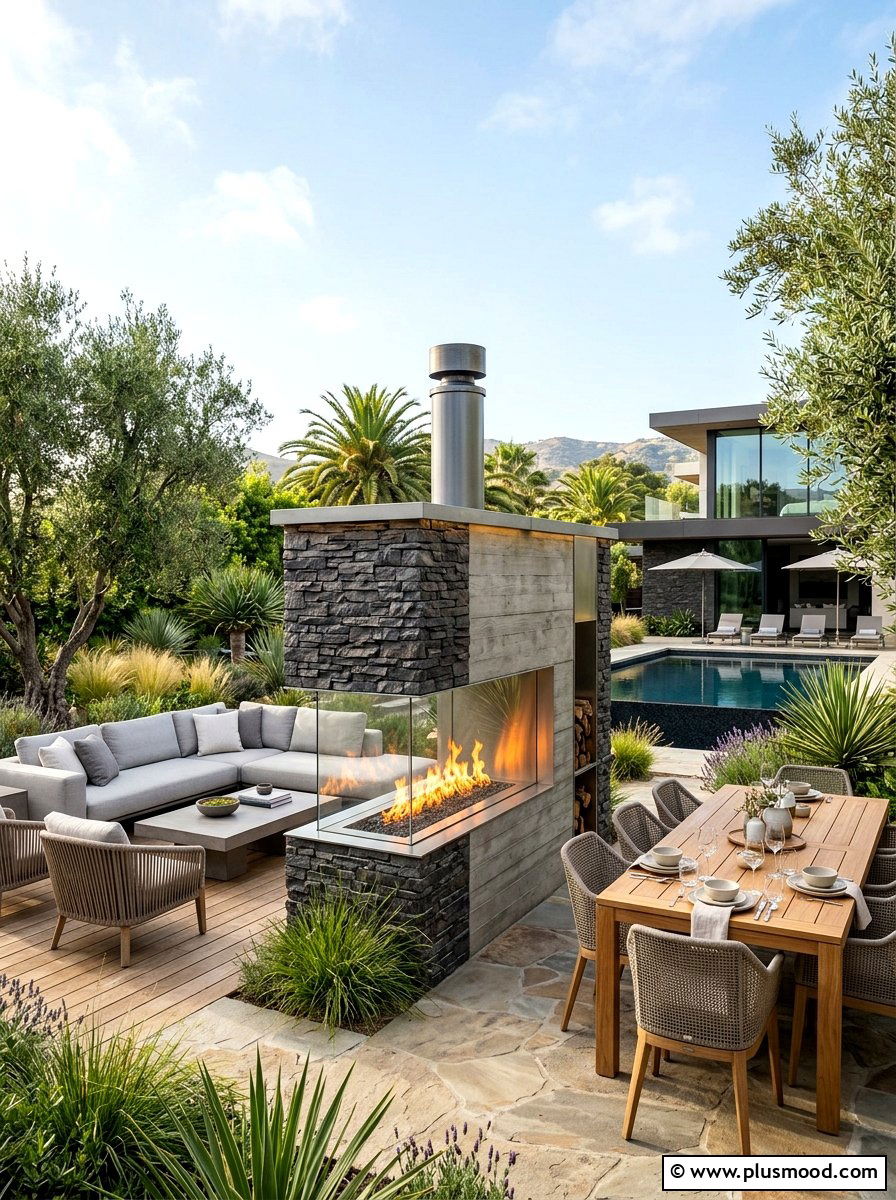 Contemporary double sided outdoor fireplace - 25 small backyard ideas with outdoor fireplace