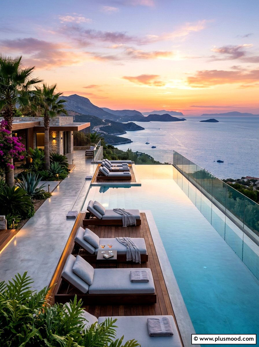 Contemporary infinity pool lounge - 25 pool landscaping ideas with outdoor seating
