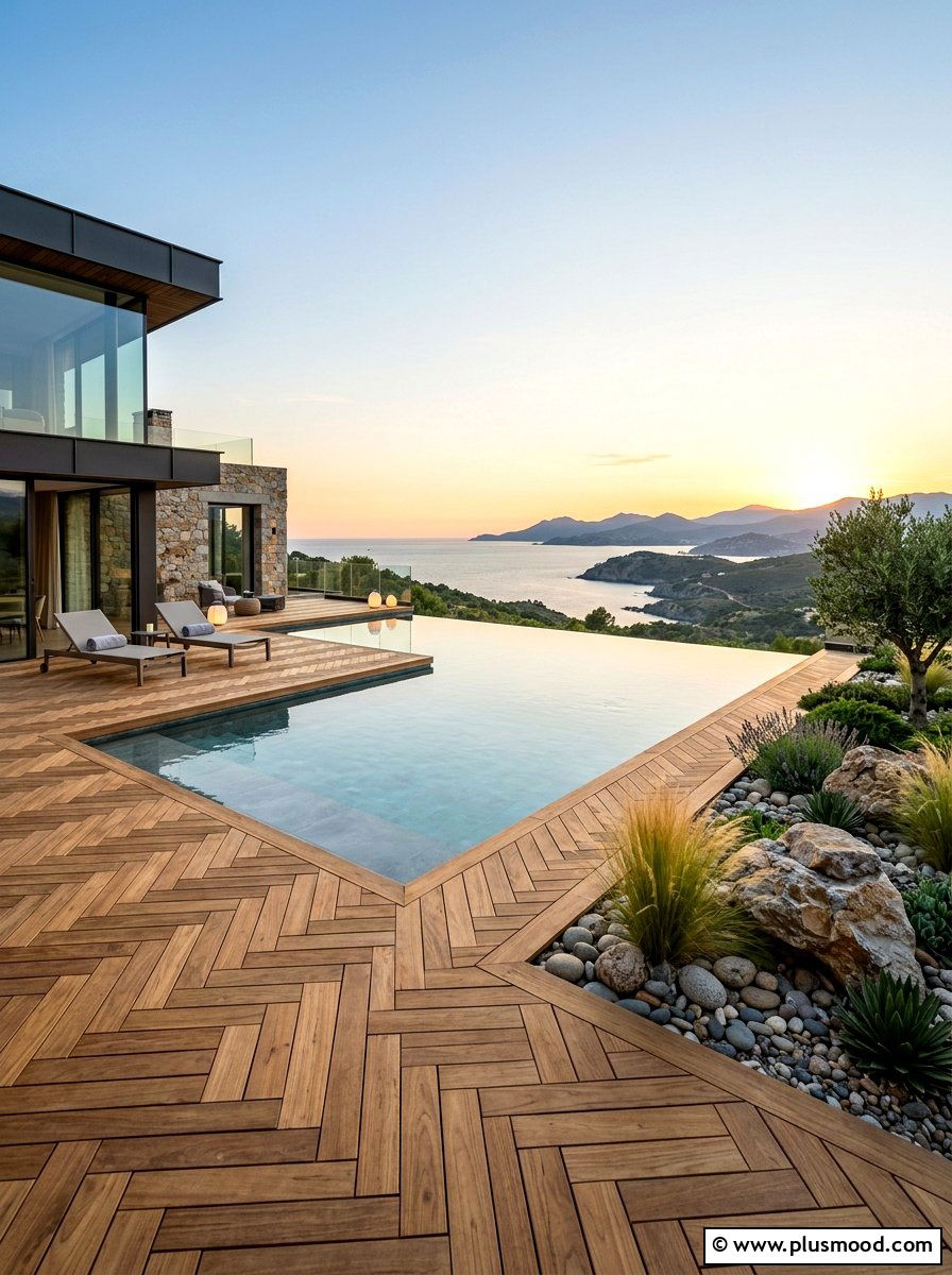 Contemporary infinity pool with wood surround - 25 pool landscaping ideas with wooden deck