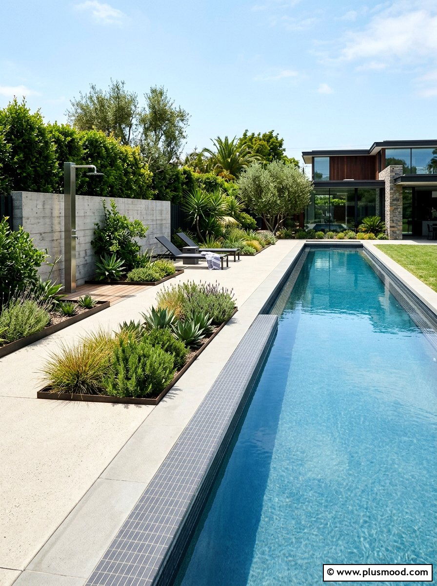Contemporary lap pool with linear tile - 25 pool landscaping ideas with tile accents