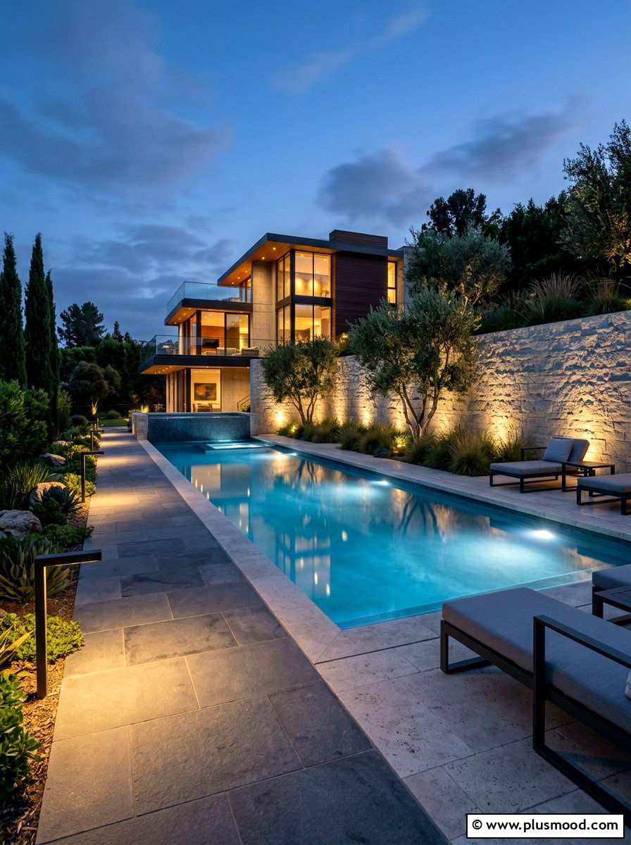 Contemporary outdoor pool lighting - 25 pool landscaping ideas for saltwater pools
