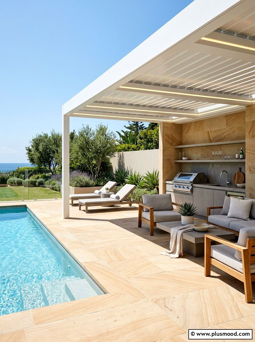 Contemporary pool cabana sandstone - 25 pool landscaping ideas with sandstone