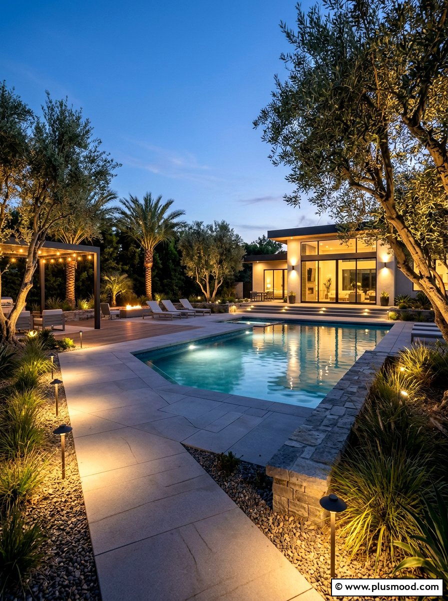 Contemporary pool landscape lighting - 25 pool landscaping ideas for inground pools