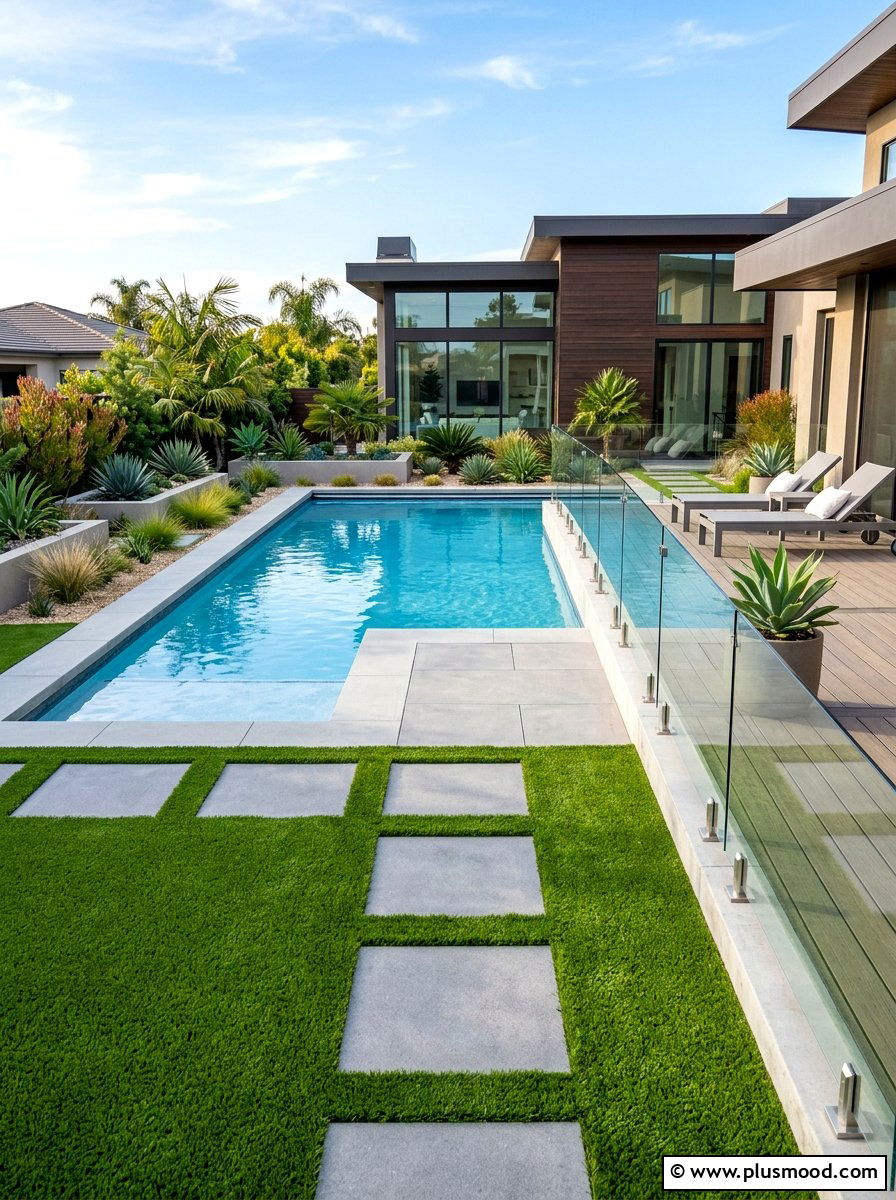 Contemporary pool landscaping with synthetic lawn - 25 pool landscaping ideas with artificial turf