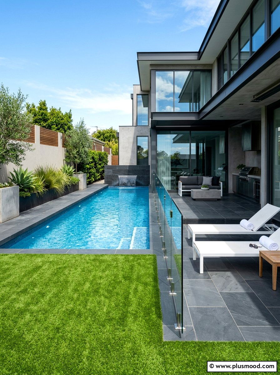 Contemporary pool with synthetic grass - 25 pool landscaping ideas with grass