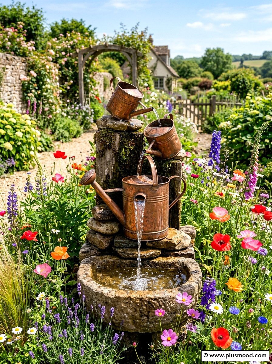Copper Watering Can Fountain - 25 outdoor garden decor ideas with water features