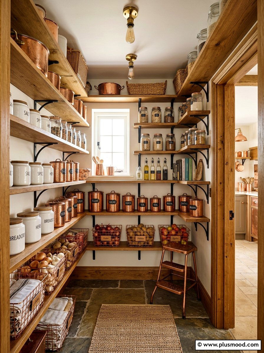 Copper accent kitchen pantry - 25 late summer farmhouse decor ideas