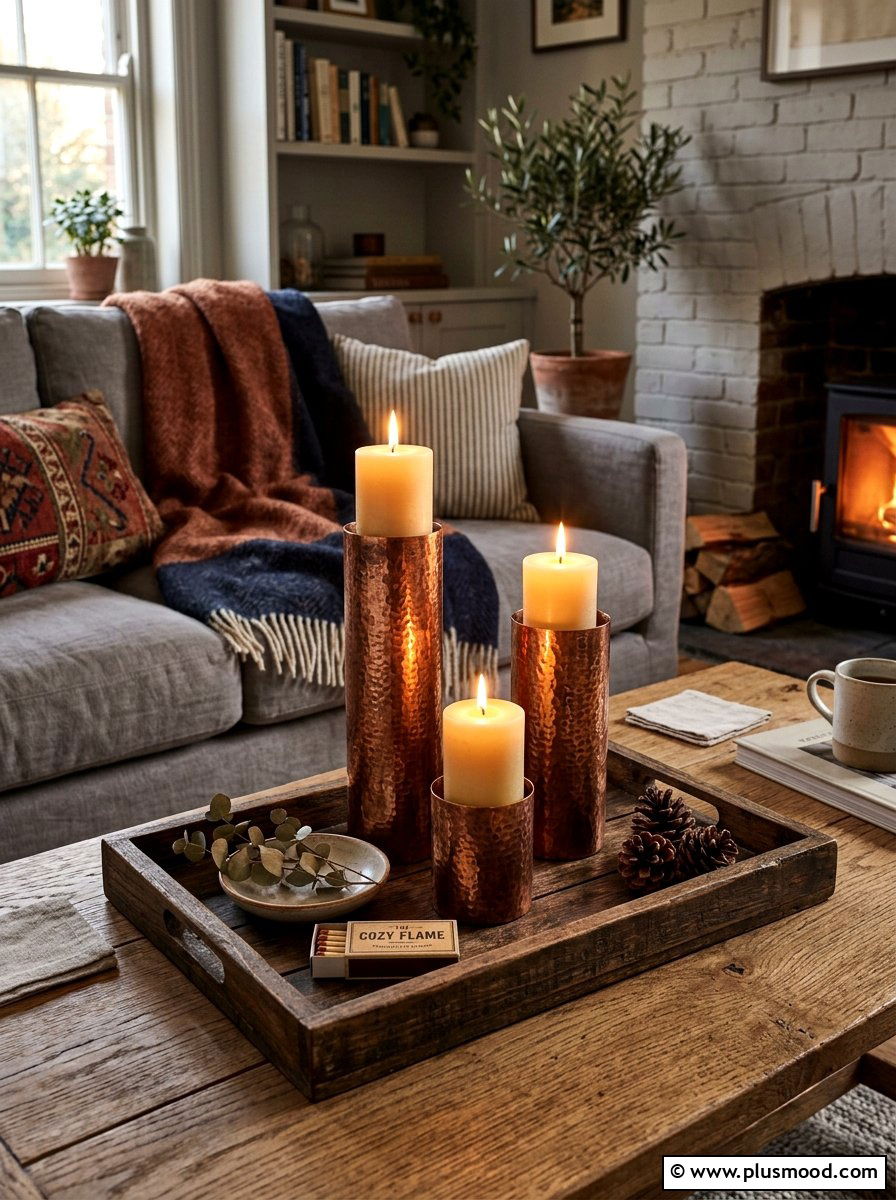 Copper candle holder styling - 25 summer to fall living room decor ideas