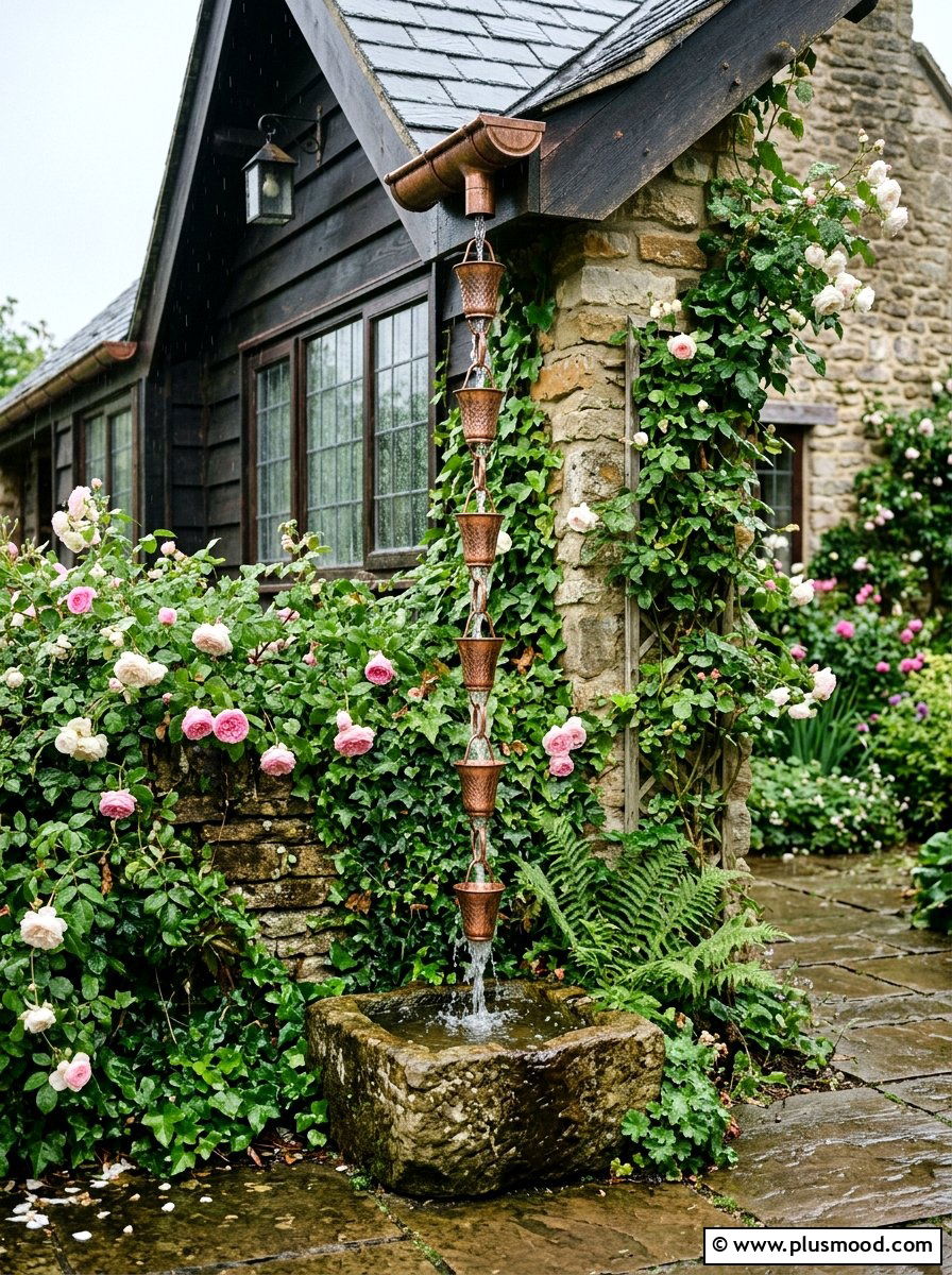 Copper rain chain - 25 small backyard ideas with water feature