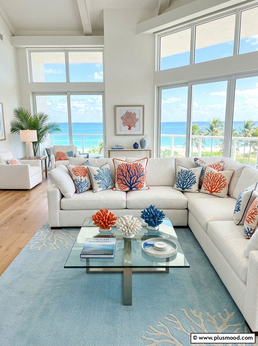 Coral Motif Lounge - 25 summer beach house decor ideas