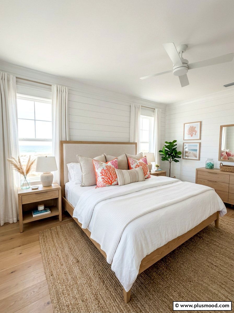 Coral Motif Pillow - 25 summer beachy bedroom ideas