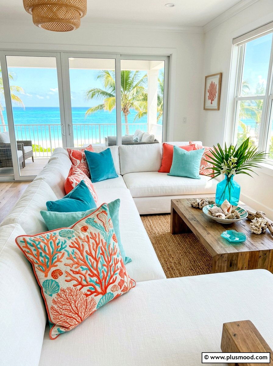Coral and turquoise ocean theme - 25 summer throw pillow ideas for living room