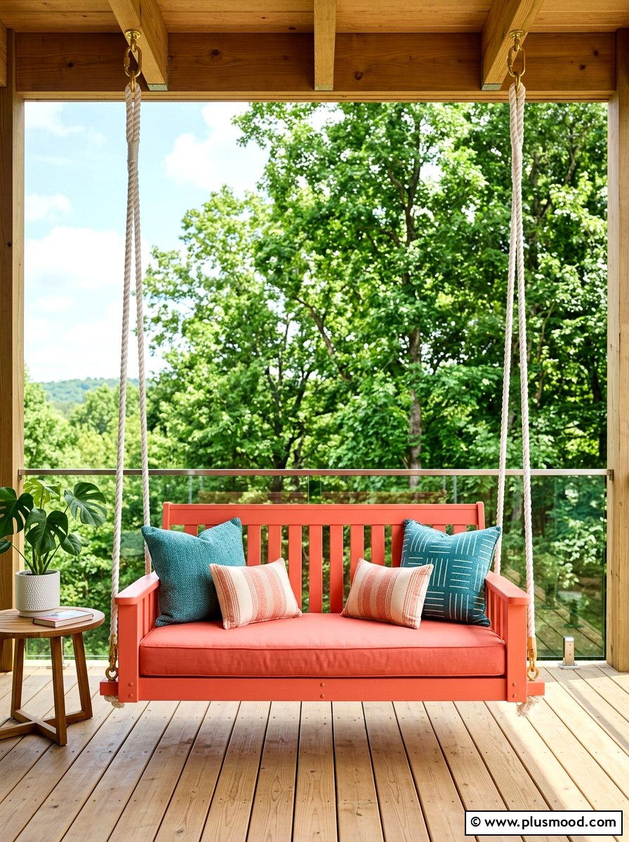 Coral porch swing - 25 summer colorful curb appeal ideas
