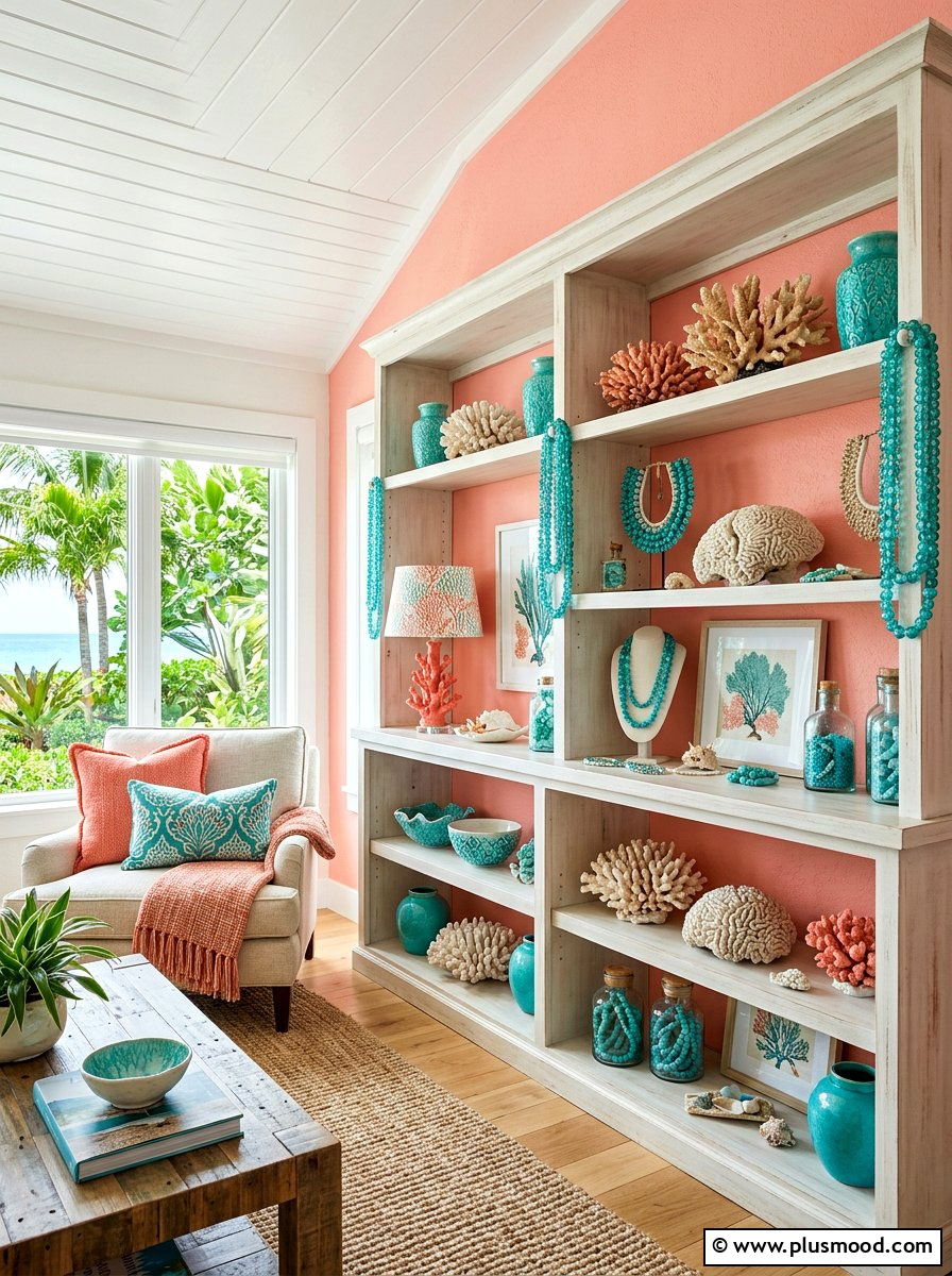 Coral turquoise decor - 25 summer shelf decor ideas
