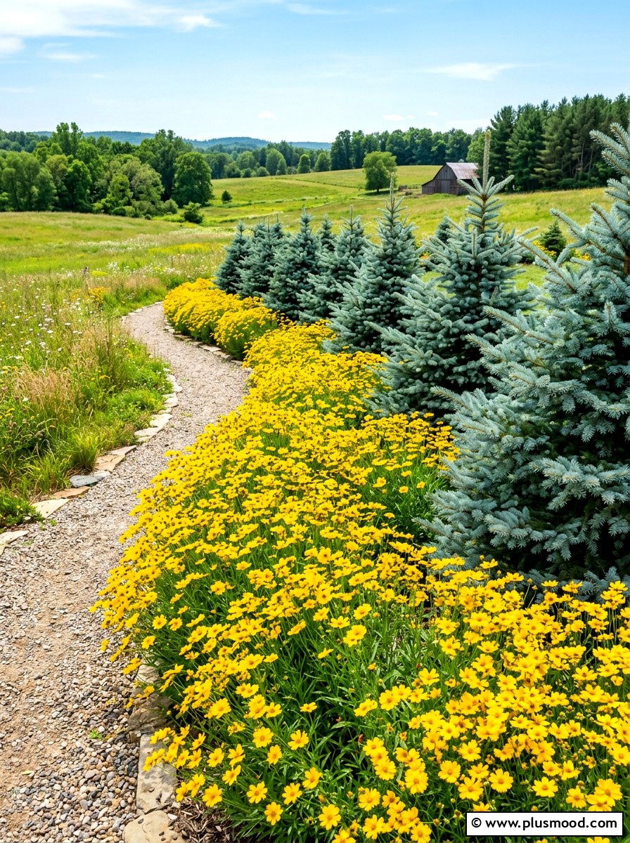 Coreopsis and spruce border - 25 summer evergreen and flower mix ideas