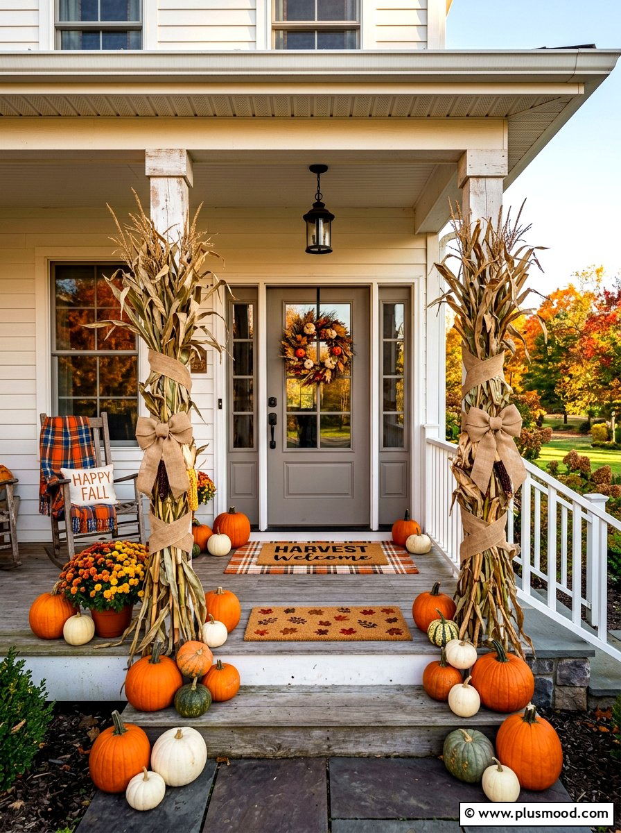 Corn Stalk Porch Entryway - 25 summer to fall porch decor ideas