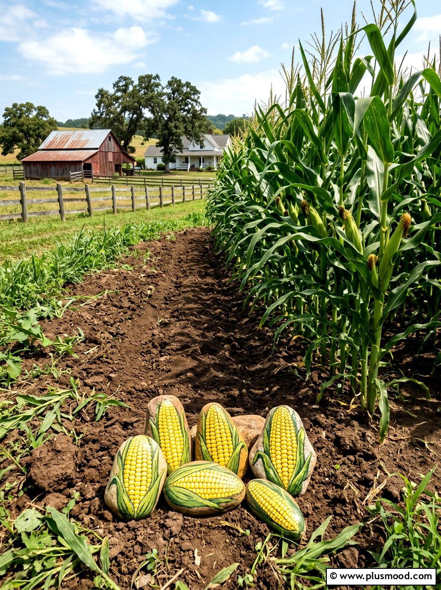 Corn garden stones - 25 painted rock ideas with vegetable garden labels