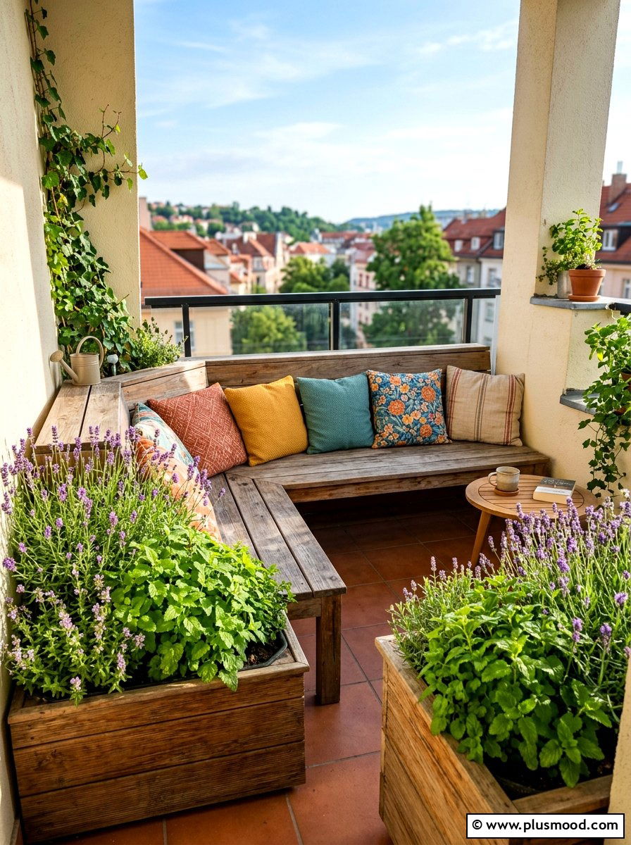 Corner Herb Bench - 25 summer balcony herb garden ideas