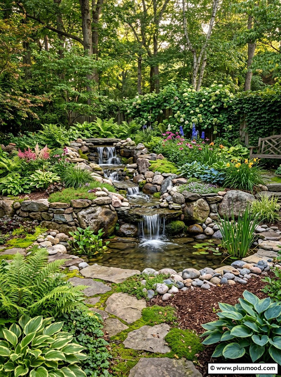 Corner Rock Waterfall Landscape - 25 small backyard ideas with fountain
