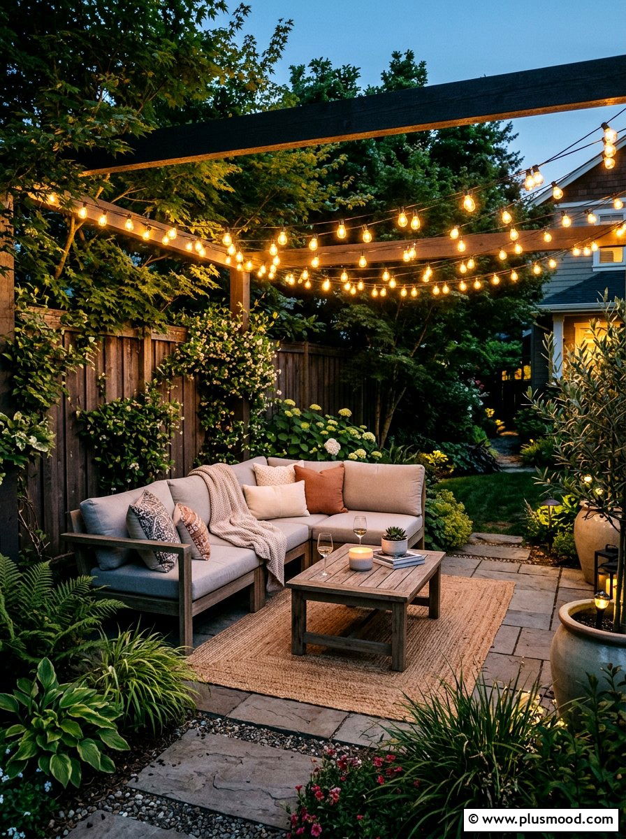 Corner Seating Lights - 25 small backyard ideas with string lights