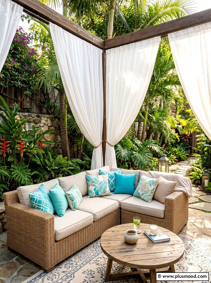 Corner Seating With Flowing Drapes - 25 small backyard ideas with outdoor curtains