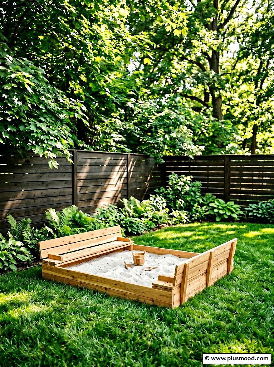 Corner Wooden Sandbox - 25 small backyard ideas with sandbox