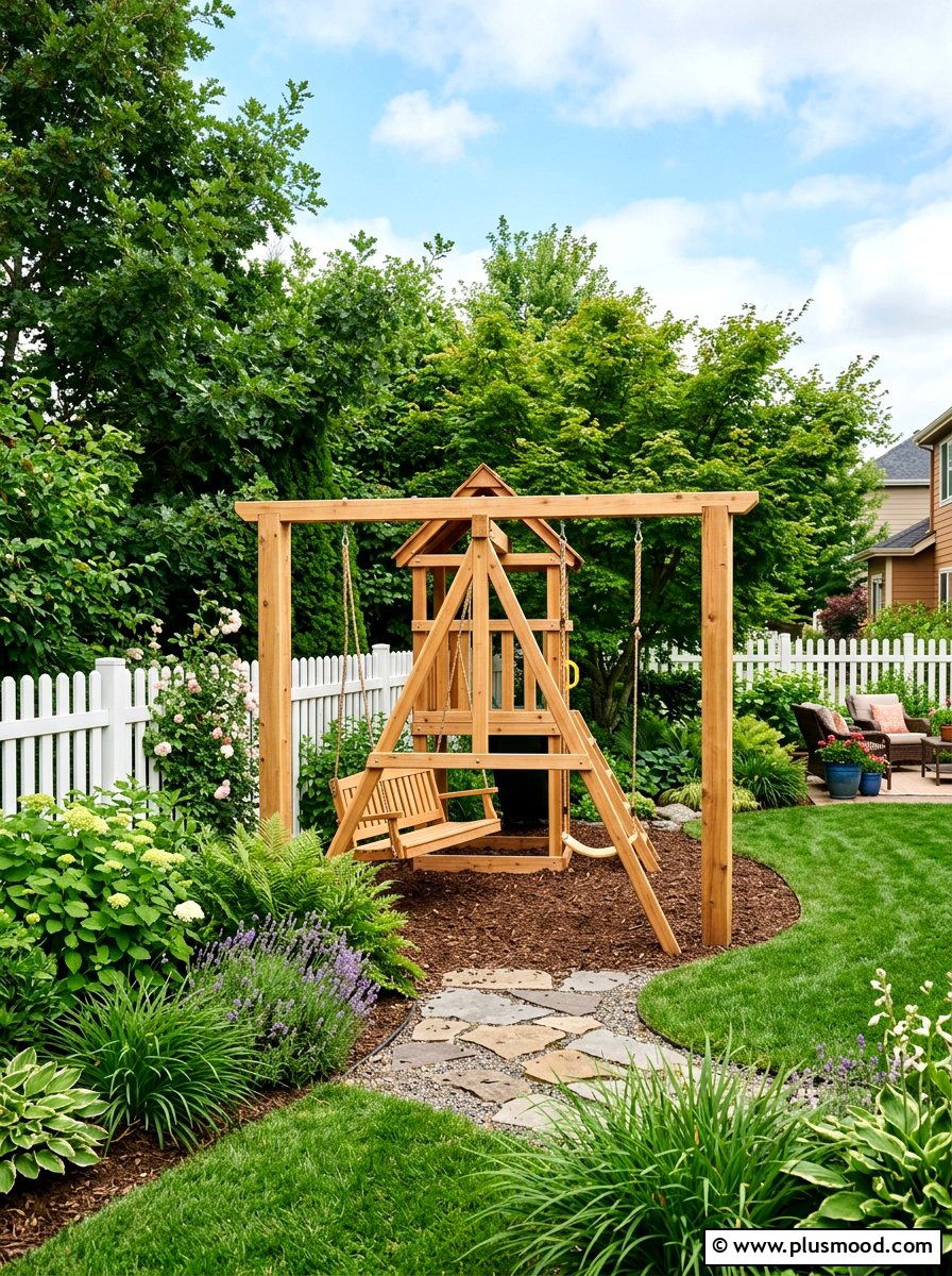 Corner backyard swing set - 25 small backyard ideas with swing set