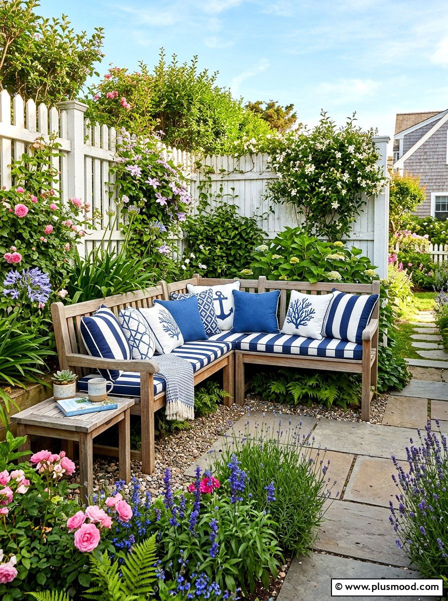 Corner garden bench - 25 summer garden ideas for small spaces