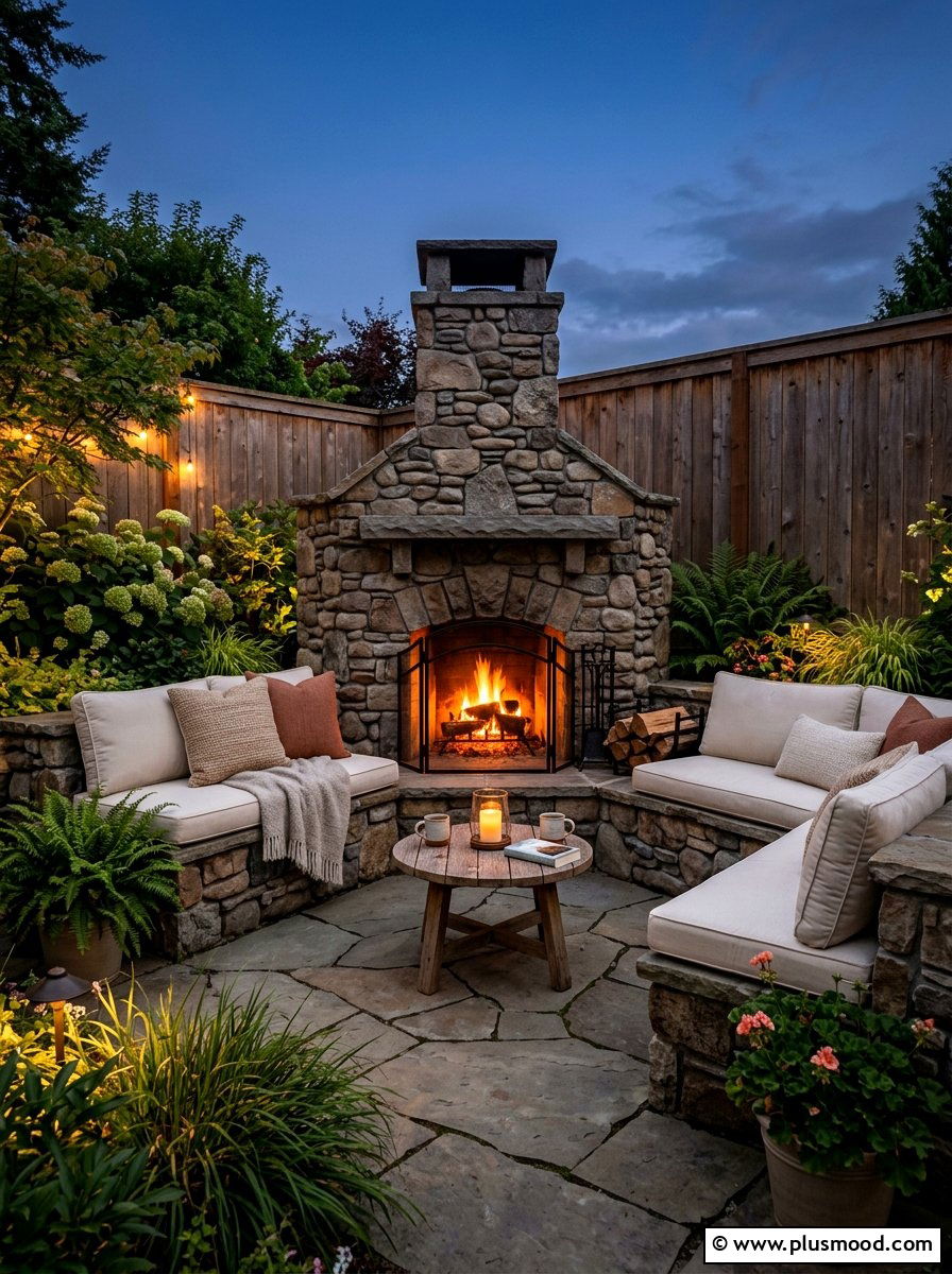 Corner outdoor fireplace with built in seating - 25 small backyard ideas with outdoor fireplace