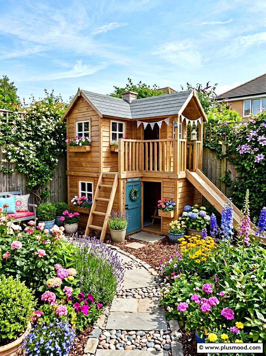 Corner playhouse for small garden - 25 small backyard ideas with playhouse