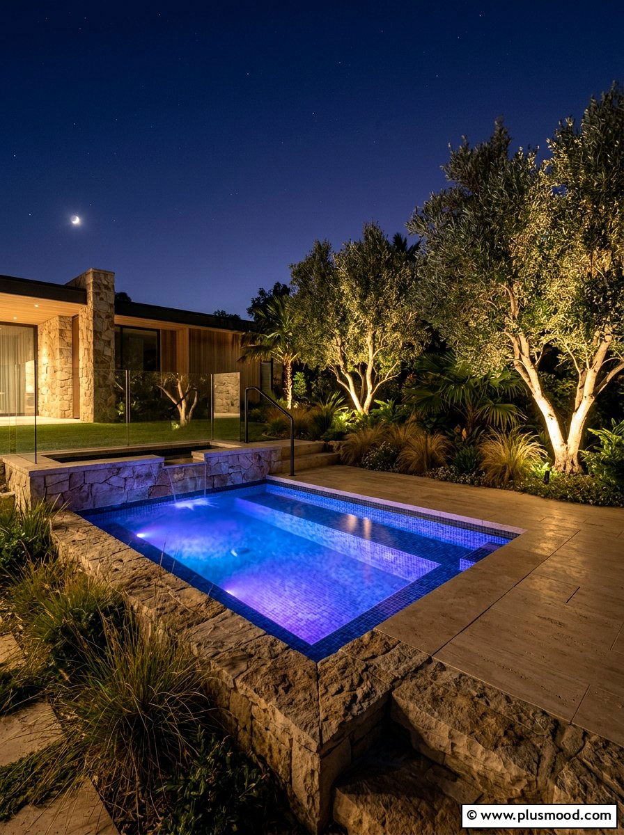Corner plunge pool lighting - 25 pool landscaping ideas for small spaces