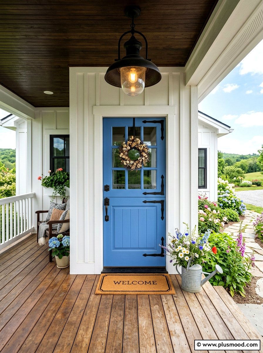 Cornflower Blue Farmhouse Door - 25 summer blue front door ideas