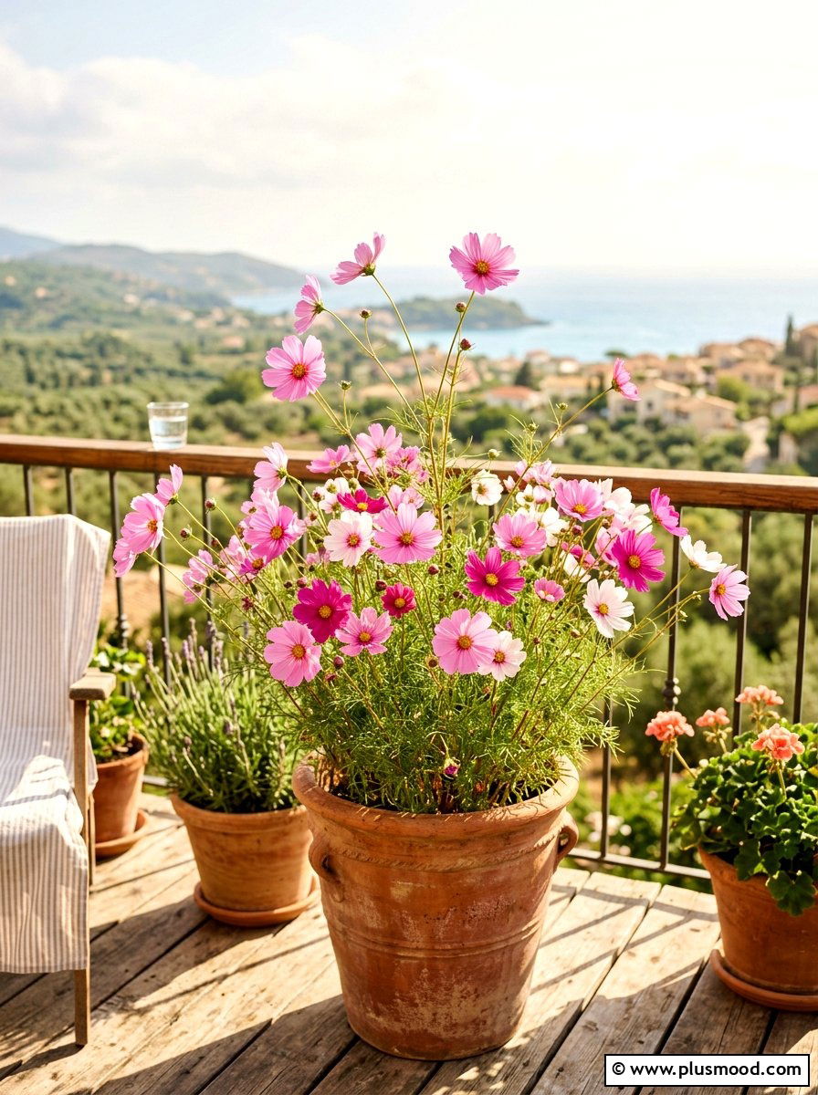 Cosmos airy flower pot - 25 summer balcony flower ideas