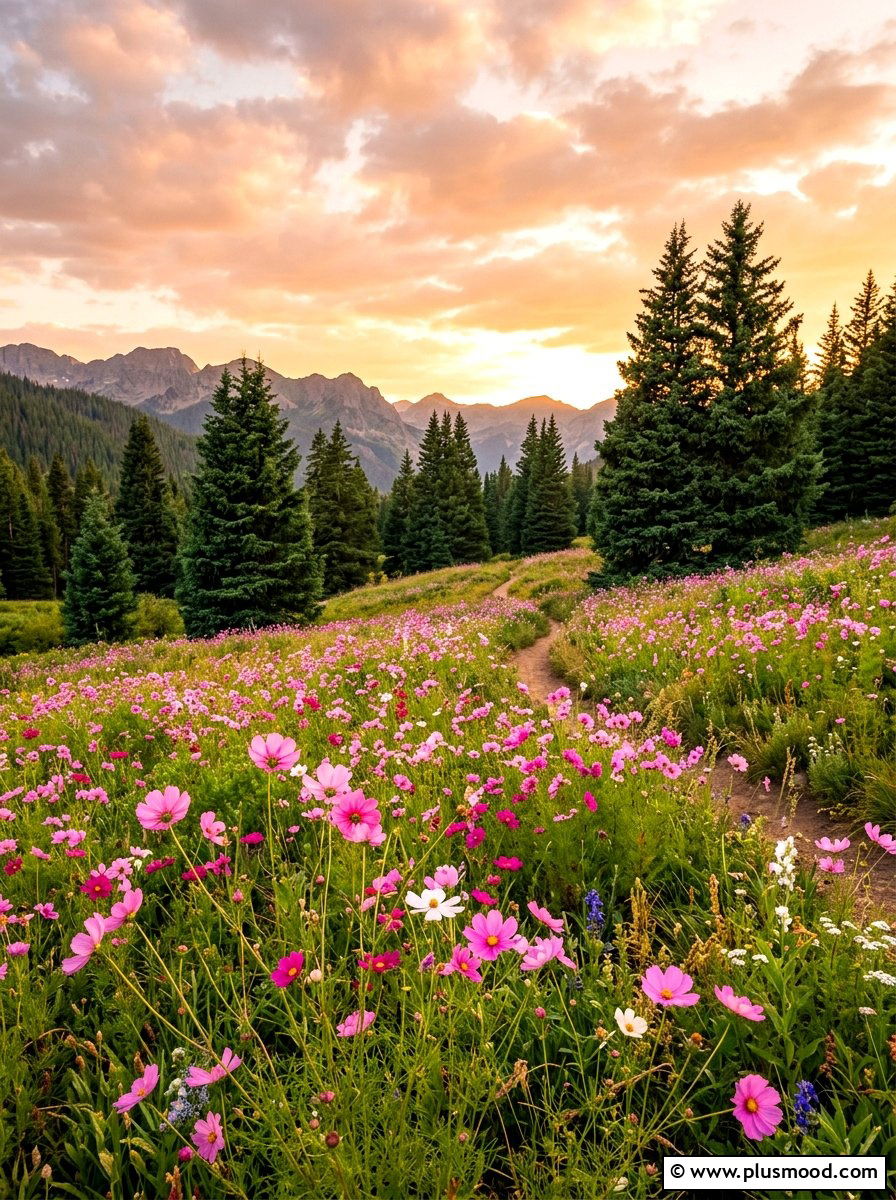Cosmos and spruce meadow - 25 summer evergreen and flower mix ideas