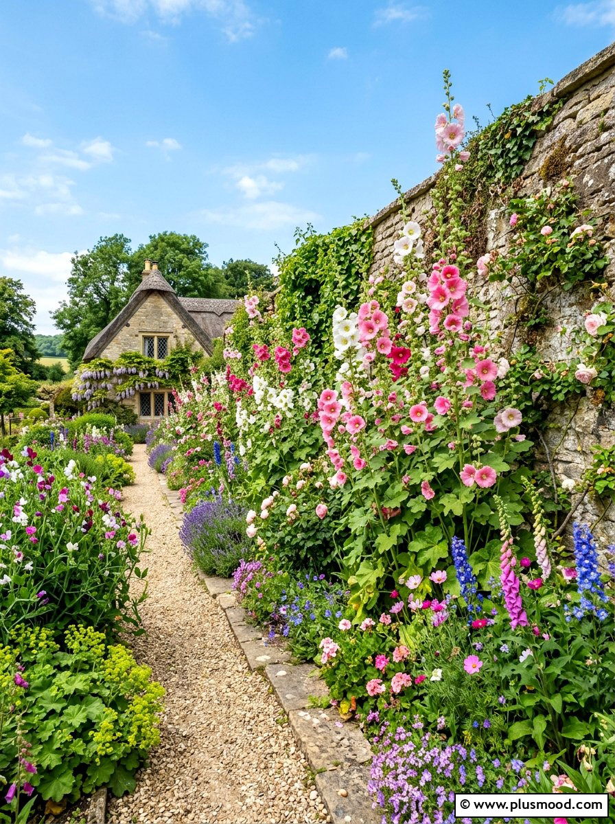 Cottage Garden Hollyhock Border - 25 summer cottage garden ideas
