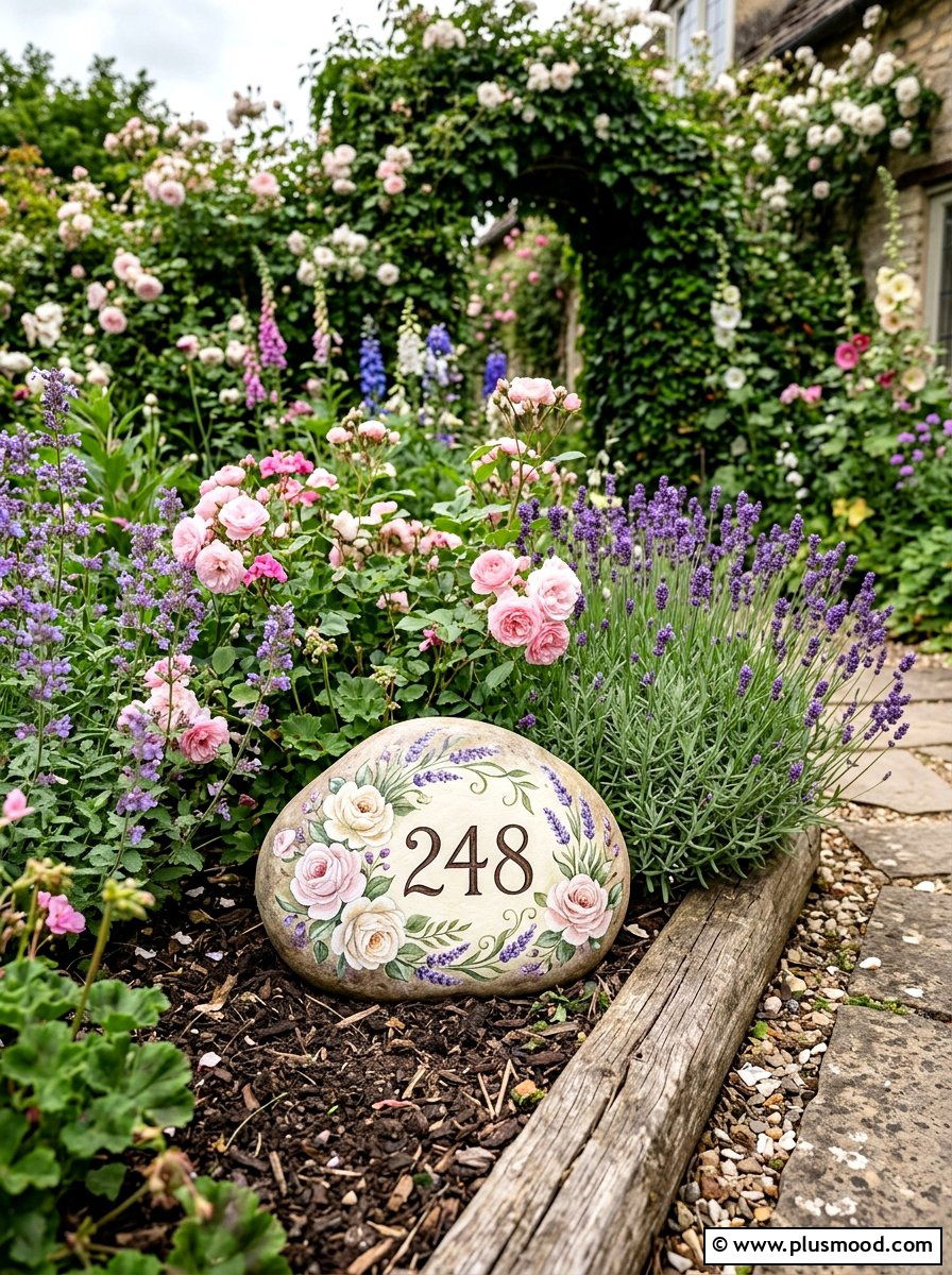 Cottage floral painted address stone - 25 painted rock ideas for address markers