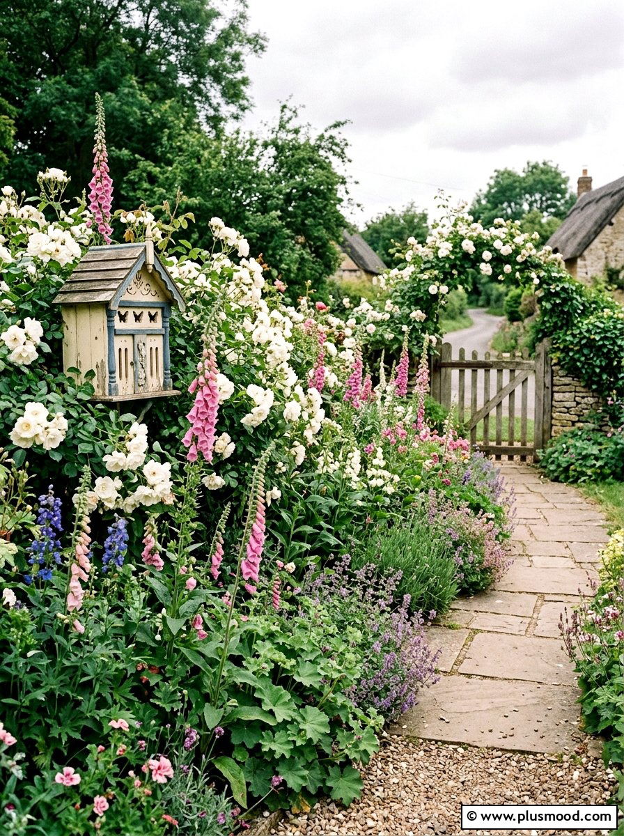 Cottage garden border - 25 small backyard ideas with butterfly house