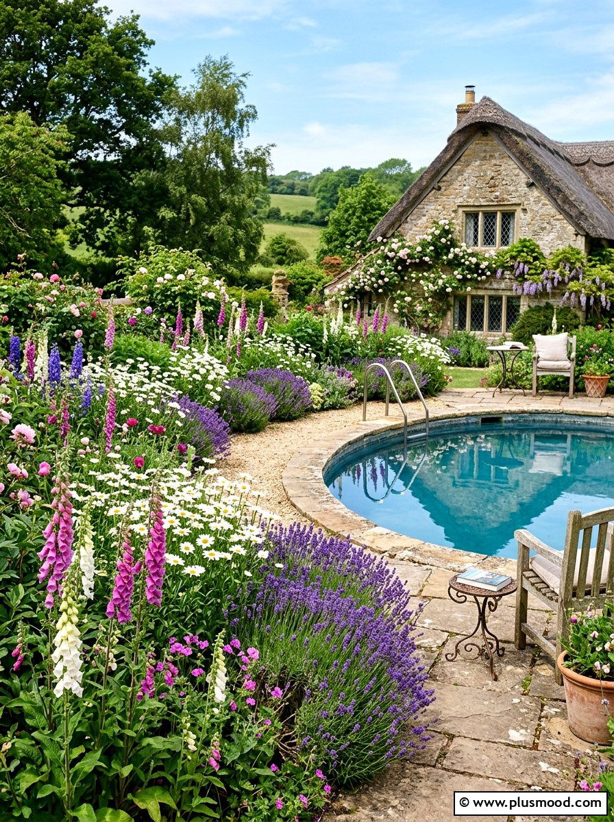 Cottage garden style pool beds - 25 pool landscaping ideas with flower beds